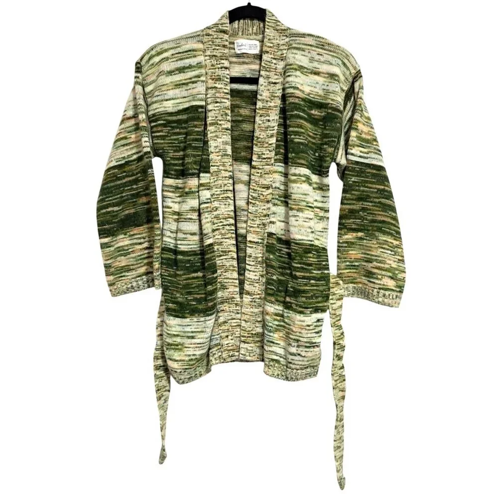 Vintage 70s Pandora Green & Cream Knit Open Front Cardigan Sweater With Belt - Picture 2 of 8